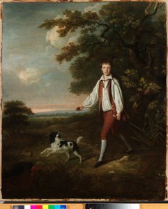 Portrait of a youth holding a cricket bat and ball with his pet black and white springer spaniel in a clearing by a wooded landscape by Hugh Barron